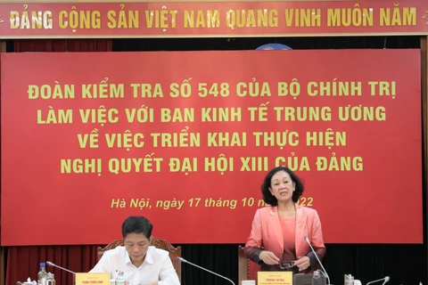 Bà Trương Thị Mai, Ủy viên Bộ Chính trị, Bí thư Trung ương Đảng, Trưởng Ban Tổ chức Trung ương, Trưởng đoàn kiểm tra phát biểu tại buổi làm việc. (Nguồn: Ban Kinh tế Trung ương)