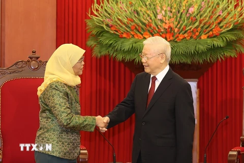 Tổng Bí thư Nguyễn Phú Trọng tiếp Tổng thống Cộng hòa Singapore Halimah Yacob thăm cấp Nhà nước Việt Nam. (Ảnh: Trí Dũng/TTXVN)