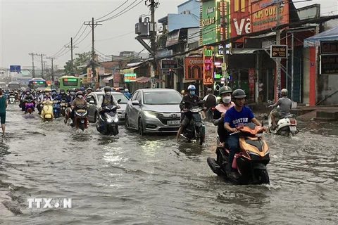 Người dân vất vả di chuyển giữa dòng nước ngập trên Quốc lộ 30, huyện Bình Chánh. (Ảnh: Thanh Vũ/TTXVN)