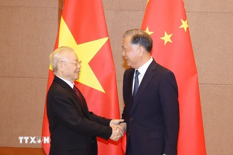 Tổng Bí thư Nguyễn Phú Trọng hội kiến Chủ tịch Chính hiệp Trung Quốc Uông Dương. (Ảnh: Trí Dũng/TTXVN)