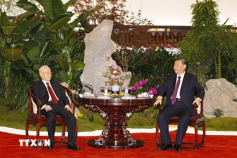 Tổng Bí thư Nguyễn Phú Trọng và Tổng Bí thư, Chủ tịch Trung Quốc Tập Cận Bình thưởng thức trà. (Ảnh: Trí Dũng/TTXVN)