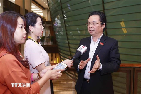 Phóng viên phỏng vấn đại biểu Quốc hội thành phố Hà Nội Hoàng Văn Cường bên hành lang Quốc hội. (Ảnh: Doãn Tấn/TTXVN)