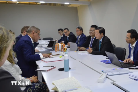 Đoàn đại biểu Việt Nam do Bộ trưởng Bộ Tài nguyên và Môi trường Trần Hồng Hà dẫn đầu làm việc với Chủ tịch COP26 Alok Sharma về chuyển đổi năng lượng của Việt Nam. (Ảnh: Nguyễn Trường/TTXVN)
