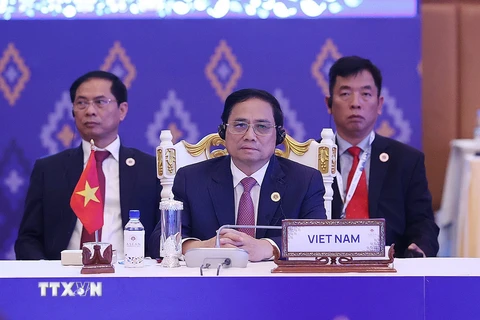 Thủ tướng Phạm Minh Chính tại Phiên họp hẹp Hội nghị cấp cao ASEAN lần thứ 41. (Ảnh: Dương Giang/TTXVN)