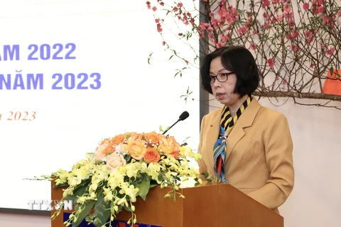 Bí thư Đảng ủy, Tổng giám đốc TTXVN Vũ Việt Trang phát động triển khai nhiệm vụ năm 2023. (Ảnh: Hoàng Hiếu/TTXVN)