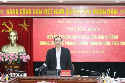 Ông Nguyễn Thái Học, Phó Trưởng Ban Nội chính Trung ương, phát biểu tại họp báo. (Ảnh: Phương Hoa/TTXVN)