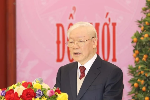 Tổng Bí thư Nguyễn Phú Trọng chúc Tết các lãnh đạo và nguyên lãnh đạo Đảng, Nhà nước. (Ảnh: Phương Hoa/TTXVN)