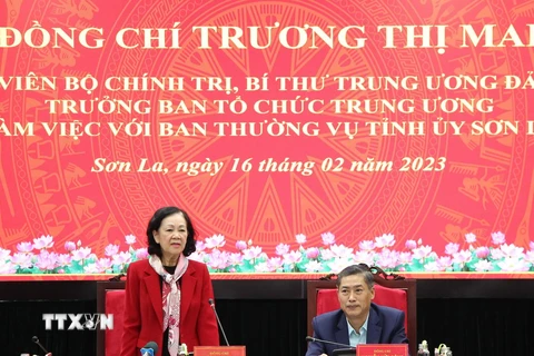 Bà Trương Thị Mai, Ủy viên Bộ Chính trị, Bí thư Trung ương Đảng, Trưởng Ban Tổ chức Trung ương, phát biểu tại buổi làm việc với Ban Thường vụ Tỉnh ủy Sơn La. (Ảnh: Nguyễn Cường/TTXVN)