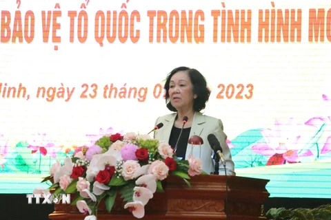 Trưởng Ban Tổ chức Trung ương Trương Thị Mai phát biểu tại Hội nghị. (Ảnh: Thái Hùng/TTXVN)