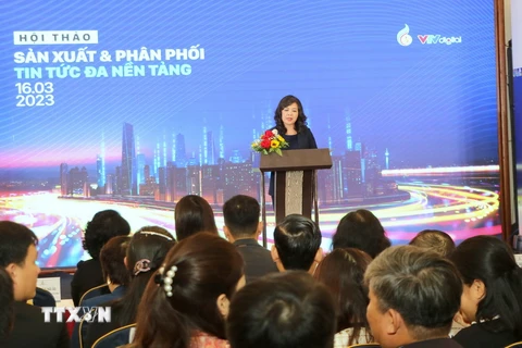 Bà Nguyễn Thị Thu Hiền, Phó Tổng Giám đốc Đài Truyền hình Việt Nam, phát biểu tại một hội thảo trong khuôn khổ Liên hoan Truyền hình Toàn quốc lần thứ 41. (Ảnh: Minh Thu/TTXVN)