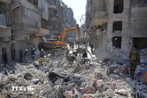 Cảnh đổ nát sau trận động đất tại Karm al-Jabal, Bắc Syria, ngày 8/2. (Ảnh: THX/TTXVN)