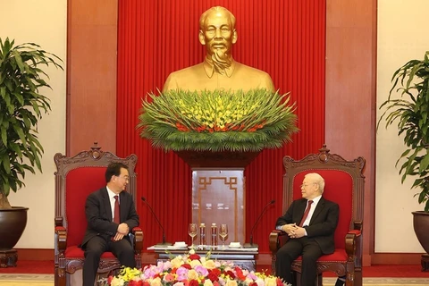 Tổng Bí thư Nguyễn Phú Trọng tiếp ông Vương Ninh, Ủy viên Trung ương Đảng Cộng sản Trung Quốc, Bí thư Tỉnh ủy Vân Nam. (Ảnh: Trí Dũng/TTXVN)