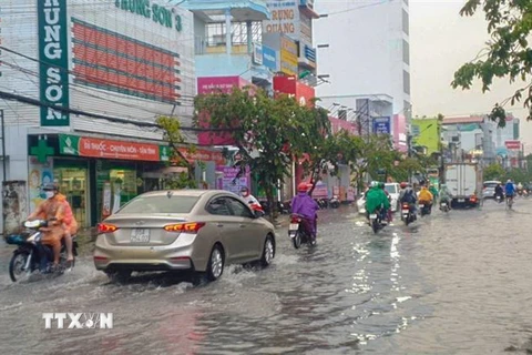 Mưa to gây ngập cục bộ trên đường Cách Mạng Tháng Tám, quận Ninh Kiều, thành phố Cần Thơ. (Ảnh: TTXVN phát)