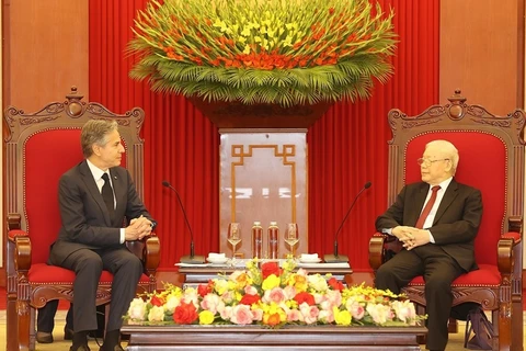 Tổng Bí thư Nguyễn Phú Trọng tiếp Ngoại trưởng Hoa Kỳ Antony Blinken. (Ảnh: Trí Dũng/TTXVN)
