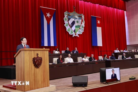 Chủ tịch Quốc hội Vương Đình Huệ phát biểu tại phiên họp đặc biệt của Quốc hội Cuba. (Ảnh: Doãn Tấn/TTXVN)