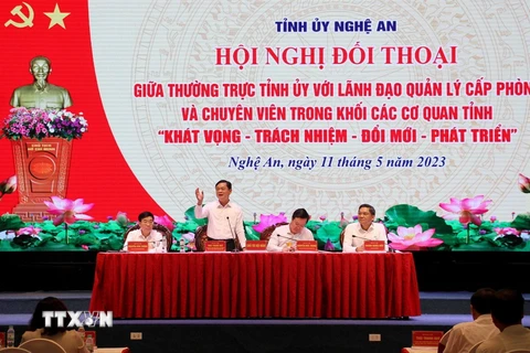 Đây là lần thứ hai kể từ năm 2019, Thường trực Tỉnh ủy Nghệ An tổ chức Hội nghị đối thoại. (Ảnh: Văn Tý/TTXVN)
