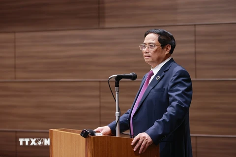 Thủ tướng Phạm Minh Chính phát biểu tại Tọa đàm kinh doanh Việt Nam-Nhật Bản. (Ảnh: Dương Giang/TTXVN)