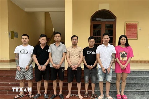 Bảy đối tượng sử dụng ma túy bị công an huyện Hải Hà, tỉnh Quảng Ninh tạm giữ để điều tra, xử lý theo quy định. (Ảnh: TTXVN phát)