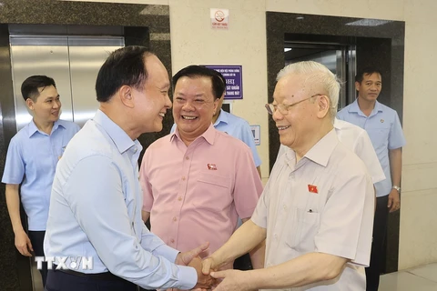 Tổng Bí thư Nguyễn Phú Trọng và đại biểu Quốc hội tiếp xúc cử tri tại quận Hai Bà Trưng. (Ảnh: Trí Dũng/TTXVN)