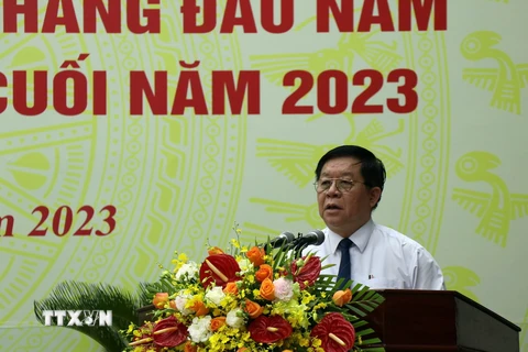 Ông Nguyễn Trọng Nghĩa, Bí thư Trung ương Đảng, Trưởng Ban Tuyên giáo Trung ương phát biểu chỉ đạo, kết luận Hội nghị. (Ảnh: Trần Tĩnh/TTXVN)