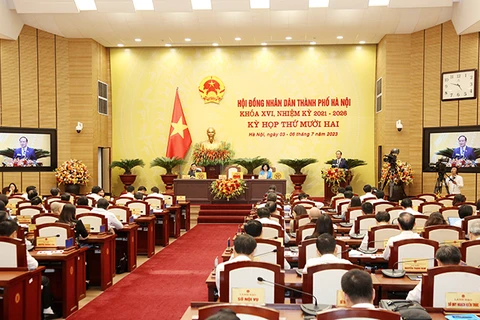 Quang cảnh Kỳ họp thứ 12, Hội đồng Nhân dân thành phố Hà Nội. (Nguồn: Cổng Giao tiếp Điện tử Ủy ban Nhân dân thành phố Hà Nội)
