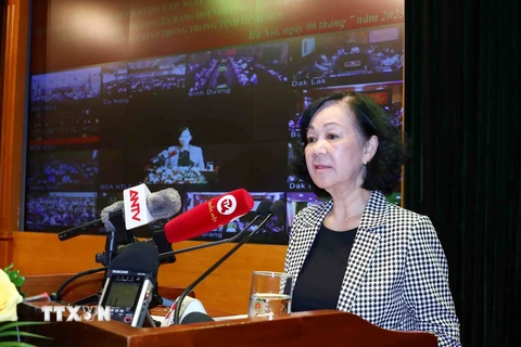 Ủy viên Bộ Chính trị, Thường trực Ban Bí thư, Trưởng Ban Tổ chức Trung ương Trương Thị Mai phát biểu. (Ảnh: Phạm Kiên/TTXVN)