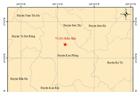 Vị trí chấn tâm trận động đất lúc 3 giờ 13 phút 48 giây tại Kon Plông. (Nguồn: Viện Vật lý Địa cầu)