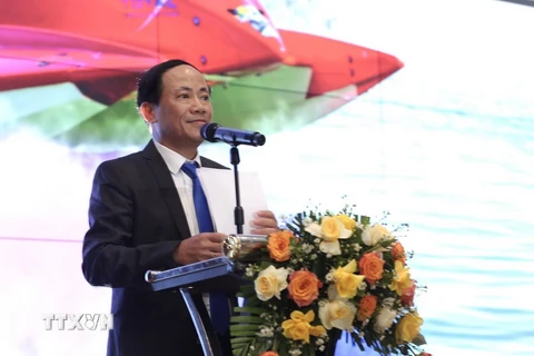 Chủ tịch Ủy ban Nhân dân tỉnh Bình Định Phạm Anh Tuấn phát biểu tại buổi họp báo. (Ảnh: Lê Phước Ngọc/TTXVN)