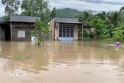 Mưa lớn kéo dài gây ngập lụt trên địa bàn huyện Tri Tôn, tỉnh An Giang. (Ảnh: TTXVN phát)