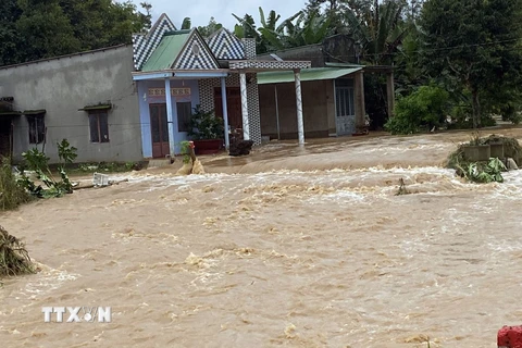 Mưa khiến nhiều tuyến phố ở huyện Đạ Huoa, Lâm Đồng bị ngập nặng. (Ảnh: TTXVN phát)