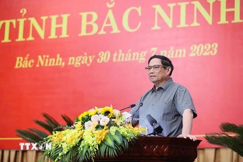 Thủ tướng Phạm Minh Chính phát biểu kết luận buổi làm việc với lãnh đạo chủ chốt tỉnh Bắc Ninh. (Ảnh: Dương Giang/TTXVN)