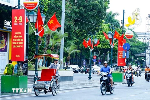 Trang hoàng băngrôn, cờ rực rỡ trên phố Tràng Tiền, Hà Nội. (Ảnh: Khánh Hòa/TTXVN)
