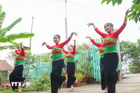 Những cô gái dân tộc Thái ở mảnh đất vùng biên thuộc xã Long Phước, huyện Bến Cầu đang tích cực gìn giữ điệu múa Xòe Thái. (Ảnh: Thanh Tân/TTXVN)