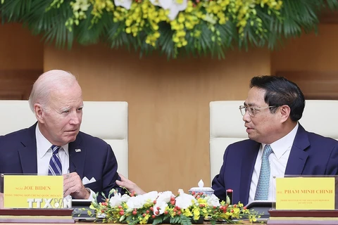 Thủ tướng Phạm Minh Chính và Tổng thống Joe Biden tại Hội nghị Cấp cao Việt Nam-Hoa Kỳ về Đổi mới Sáng tạo và Đầu tư. (Ảnh: Dương Giang/TTXVN)