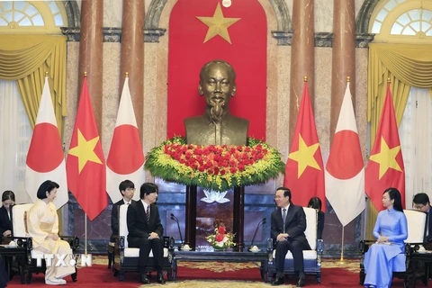 Chủ tịch nước Võ Văn Thưởng và Phu nhân tiếp Hoàng Thái tử Nhật Bản Akishino và Công nương. (Ảnh: Thống Nhất/TTXVN)