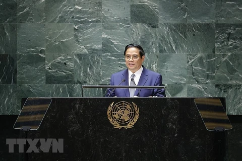 Thủ tướng Phạm Minh Chính phát biểu tại Phiên thảo luận chung cấp cao Khóa 78 Đại hội đồng Liên hợp quốc. (Ảnh: Dương Giang/TTXVN)