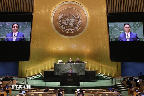 Thủ tướng Phạm Minh Chính phát biểu tại Phiên thảo luận chung cấp cao Khóa 78 Đại Hội đồng Liên hợp quốc. (Ảnh: Dương Giang/TTXVN)