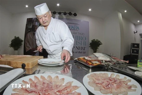 Đầu bếp Kazuhiro Matsuishi xử lý cá thát lát sống làm món sushi cá thát lát. (Ảnh: Duy Khương/TTXVN)