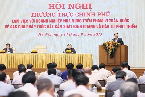 Quang cảnh Hội nghị Thường trực Chính phủ làm việc với các Doanh nghiệp Nhà nước trên phạm vi toàn quốc về thúc đẩy sản xuất kinh doanh và đầu tư phát triển. (Ảnh: Dương Giang/TTXVN)