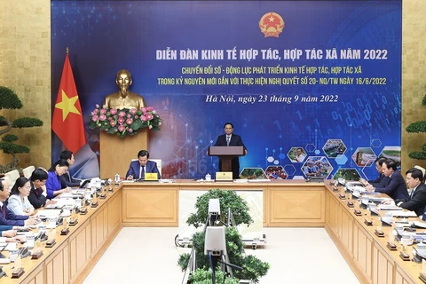 Thủ tướng Phạm Minh Chính phát biểu khai mạc Diễn đàn Kinh tế Hợp tác, Hợp tác xã năm 2022. (Ảnh: Dương Giang/TTXVN)