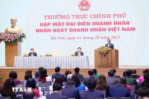 Thủ tướng Phạm Minh Chính phát biểu tại buổi gặp mặt đại diện doanh nhân Việt Nam. (Ảnh: Dương Giang/TTXVN)