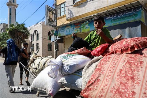 Người dân Palestine sơ tán tránh chiến sự ở Dải Gaza ngày 13/10. (Ảnh: THX/TTXVN)