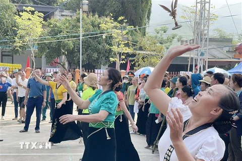 Người dân và du khách nô nức tham gia trò chơi ném cầu tại lễ hội của người dân tộc Thái. (Nguồn: TTXVN)