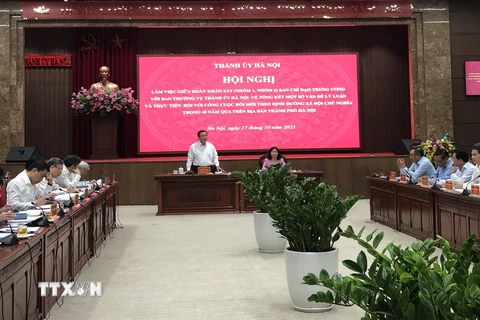 Chủ tịch Hội đồng Lý luận Trung ương, Giám đốc Học viện Chính trị Quốc gia Hồ Chí Minh Nguyễn Xuân Thắng, Trưởng Đoàn Khảo sát phát biểu tại hội nghị. (Ảnh: Tuyết Mai/TTXVN)