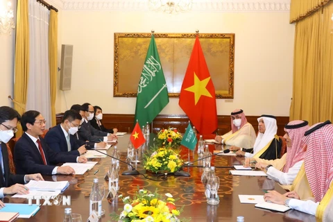Bộ trưởng Bộ Ngoại giao Bùi Thanh Sơn đón và hội đàm với Bộ trưởng Ngoại giao Saudi Arabia, Hoàng thân Faisal bin Farhan Al Saud hồi tháng 3/2022. (Ảnh: Văn Điệp/TTXVN)