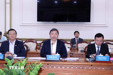 Phó Chủ tịch UBND Thành phố Hồ Chí Minh Dương Anh Đức (giữa) phát biểu tại buổi làm việc. (Ảnh: Xuân Khu/TTXVN)