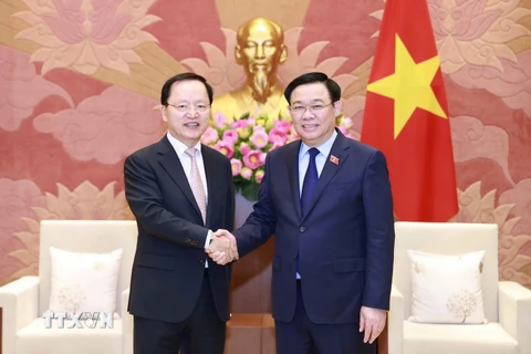 Chủ tịch Quốc hội Vương Đình Huệ tiếp Tổng Giám đốc phụ trách tài chính Tập đoàn Samsung Park Hark Kyu. (Ảnh: Doãn Tấn/TTXVN)