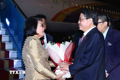 Phó Chủ tịch Quốc hội Nguyễn Đức Hải đón Chủ tịch Quốc hội Vương quốc Campuchia Samdech Khuon Sudary tại Sân bay Quốc tế Nội Bài. (Ảnh: An Đăng/TTXVN)