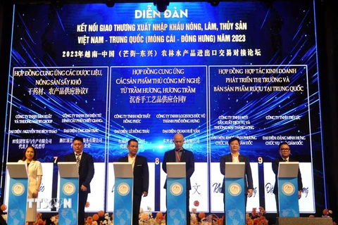 Các doanh nghiệp Việt Nam và Trung Quốc ký kết thành công 21 thỏa thuận, hợp đồng kinh tế về thúc đẩy xuất nhập khẩu hàng hóa. (Ảnh: Thanh Vân/TTXVN)