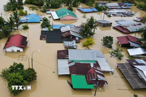 Mưa lớn gây ngập lụt tại bang Johor, Malaysia. (Ảnh: AFP/TTXVN)